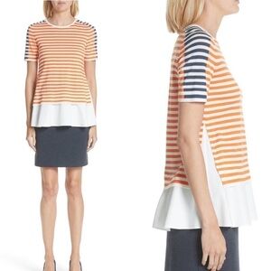 Akris Punto Womens Tricolor Striped Wool Knit Mixed Media Tee Size 4